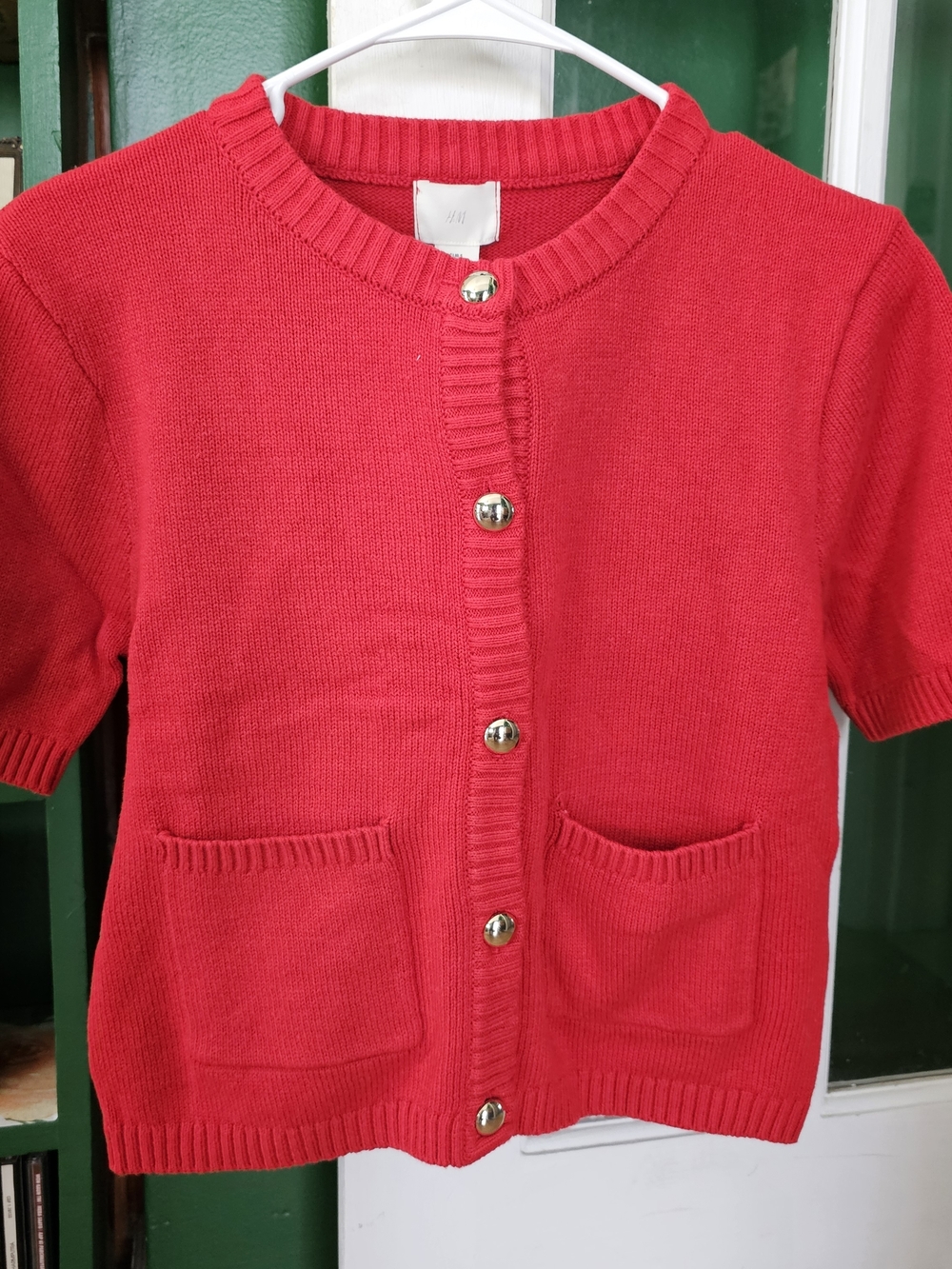H&M Bright Red Knit Short Sleeve Cardigan with Gold Buttons